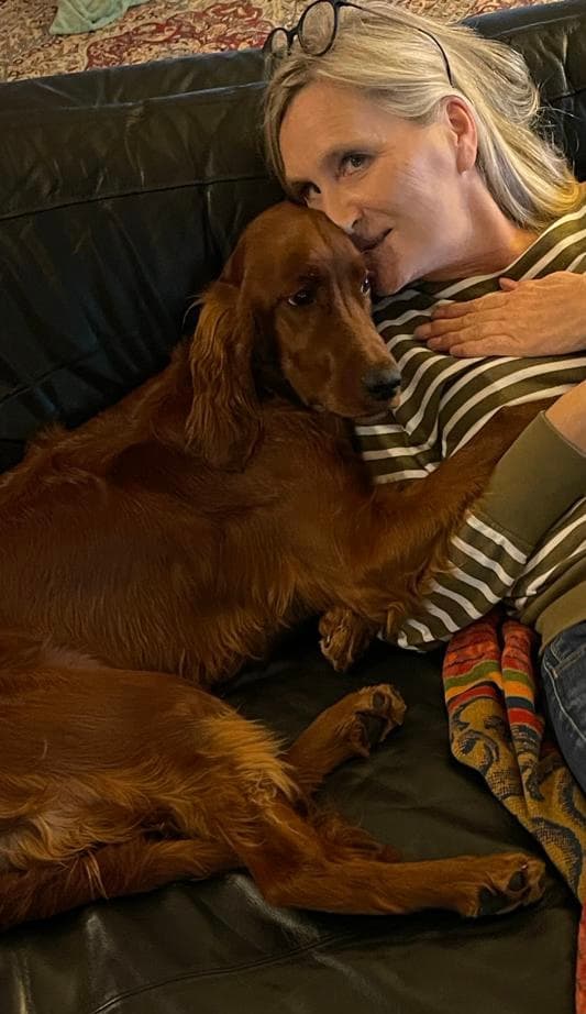 Inniger Moment mit Irish Red Setter auf dem Sofa